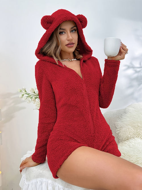 autumn winter plush solid color hooded onesie cute pajamas image 2